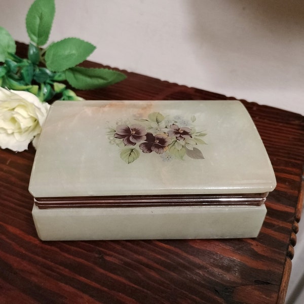 Alabaster Trinket Box, green stone with purple flower accent, hand carved in Italy