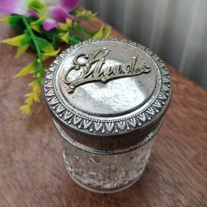 Antique Cut Glass Trinket Jar, signed studs box, English hobnail pattern