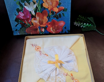 Irish Cotton Hankies, beautiful boxed set of 3, embroidered yellow and white