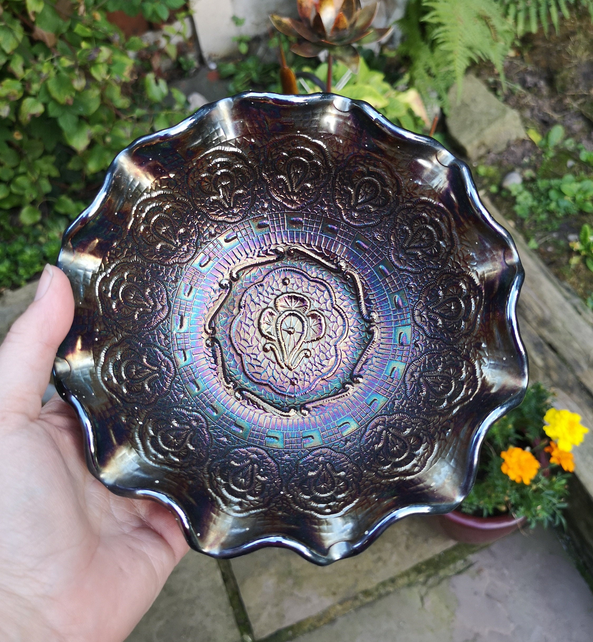 Fenton Amethyst Carnival Glass Bowl, Persian Medallion pattern