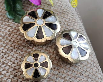 Lovely Set of 3 Pill Boxes, stacking brass pots with mother of pearl inlay