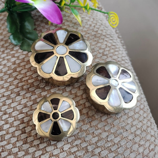 Lovely Set of 3 Pill Boxes, stacking brass pots with mother of pearl inlay