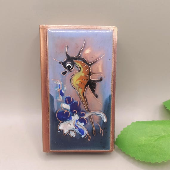 Copper Matchbox, matches holder with enamel painted seahorse, vintage tobacciana