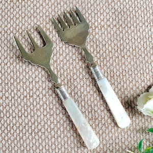 PAIR Sardine & Bread Fork, 1919 sterling silver collars, mother of pearl handles