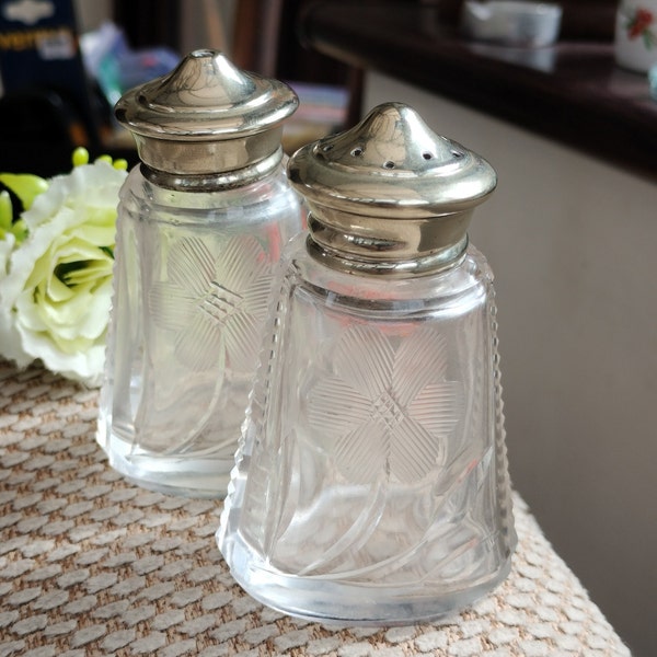 Cut glass Salt & Pepper Shakers, vintage tableware with beautiful detail