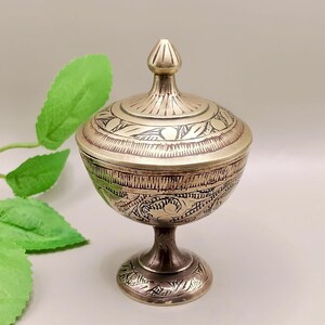 Small Lidded Cup, Indian brass trinket pot, etched and painted design