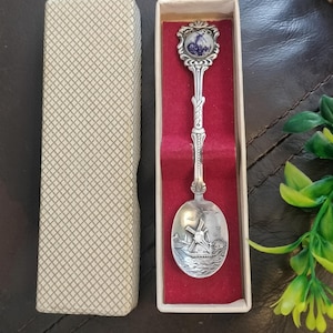 Dutch Collectible, miniature embossed spoon, triple plated with  pottery finial