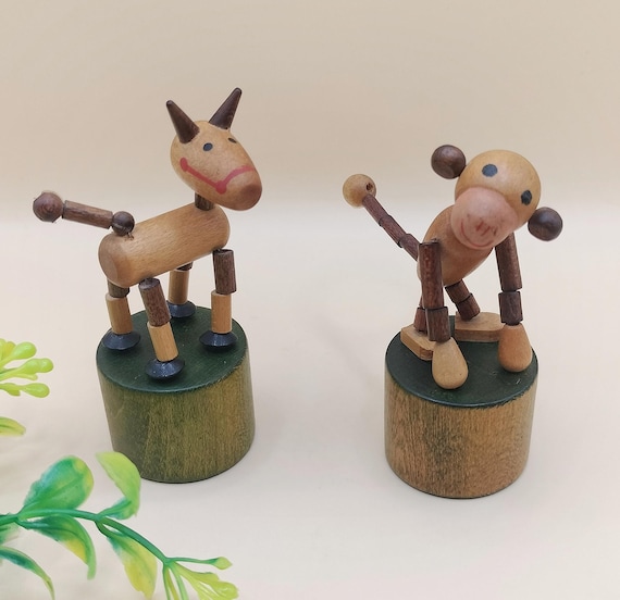 Pair of Collapsible Animal Toys, Wooden Horse and Cow, Made in