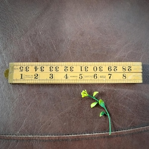 May include: A yellow folding boxwood ruler with black markings and numbers, showing measurements up to 20 cm on one side and 89 cm on the other, positioned next to a small green plastic plant stem with several leaves and buds.