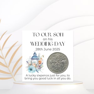 Idea de regalo para el novio: moneda de seis peniques de la suerte: regalo para el hijo el día de su boda: recuerdo de boda personalizado para el hijo