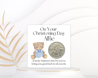 Christening Gifts For Boys - Lucky Sixpence Coin - Personalised Christening Keepsake For Godson - Blessing Gift For Nephew Son Grandson