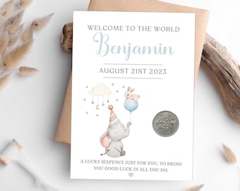 New Baby Boy Gift Mum And Dad, Lucky Sixpence Coin, Personalised Congratulations New Parents