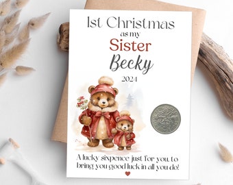 First Christmas Personalised Gift For Sister - Lucky Sixpence Coin - Sister Christmas Keepsake Gift From New Baby - Stocking Filler