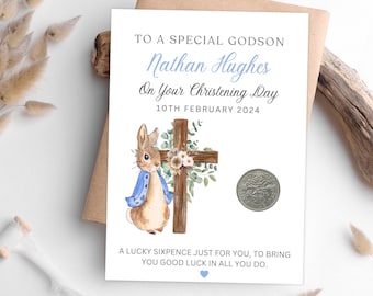 Christening Gift For Godson - Lucky Sixpence Coin - Personalised Christening Keepsake - Christening Gift From Godmother - Blessing Gifts Boy