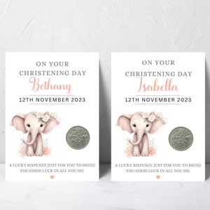 Regalo per battesimo di due gemelle - Moneta da sei penny portafortuna - Regalo personalizzato per gemelli - Elefante ricordo per figlie, nipoti e nipoti