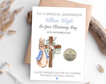 Christening Gift For Grandson - Lucky Sixpence Coin - Personalised Christening Keepsake - Blessing Gifts For Boys