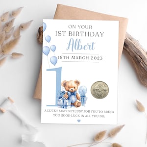 Baby's First Birthday Boy - Lucky Sixpence Coin - Baby Boy Personalised Name Gift - 1st Birthday Son, Nephew, Grandson, Godson