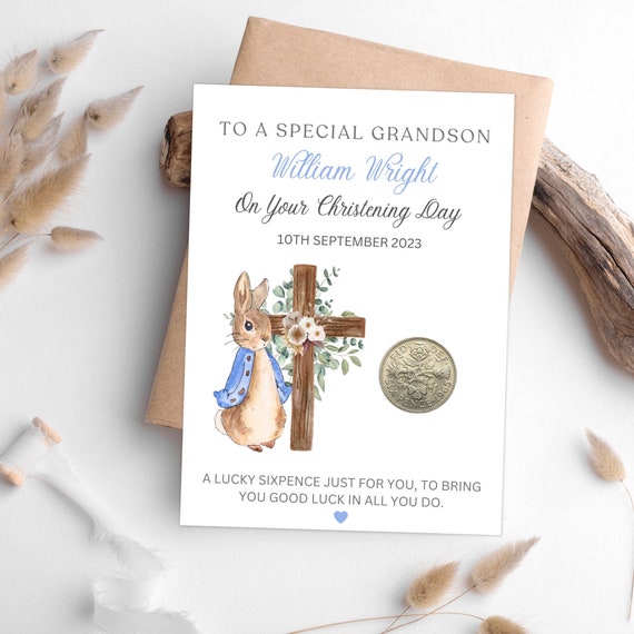 Christening Gift for Grandson Lucky Sixpence Coin Personalised