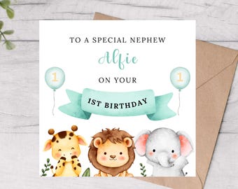 1st Birthday Card Nephew Personalised, Safari Animals First Birthday Card, Cute Animal Card Boys