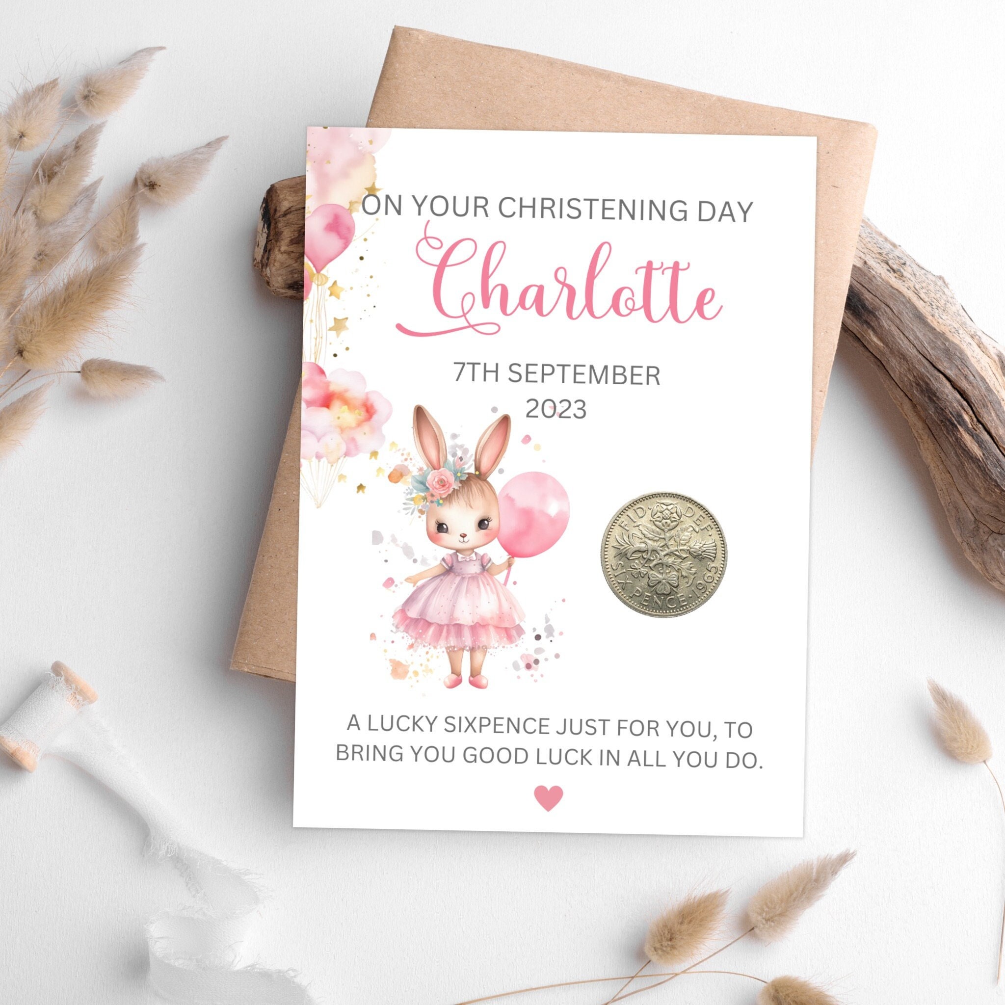 Christening Gift Set - Sixpence, Angel & Cross Pin, Presented In Box With Card (Pink, For Girls)