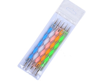 May include: Set of five nail art tools with different shaped tips. The tools have colorful, twisted handles in blue, white, pink, orange, and green.