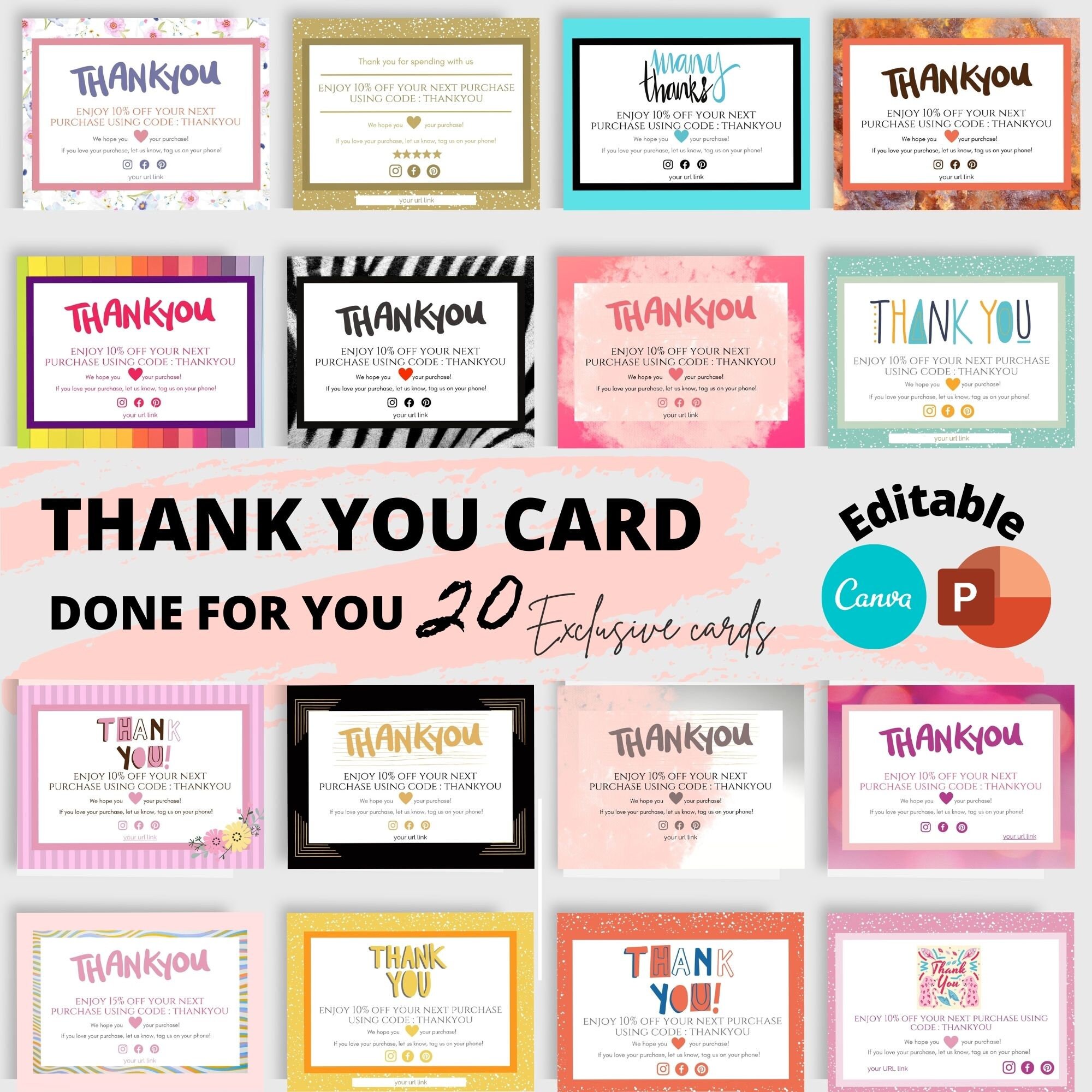 Thank you Card Template 20 unique designs Editable in Etsy España