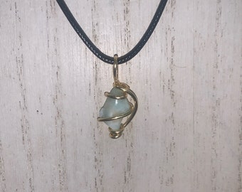 Handmade Natural Larimar Copper Pectolite Crystal Necklace Gold tone wire wrapped reiki charged healing