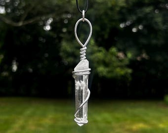 Handmade Natural Clear Lemurian Quartz Elestial Crystal Gemstone Aluminum wire Wrapped Pendant Reiki Healing jewelry necklace unique record
