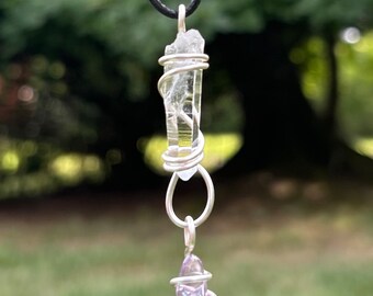 Handmade Polished Angel Aura Amethyst Crystal and Clear Quartz point Silver Tone wire wrapped Necklace