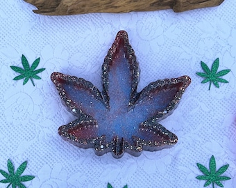 Weed Marijuana Resin Ashtray Red and blue with sparkles! Handmade Pot shape Cannabis lovers unique Leaf tray storage.