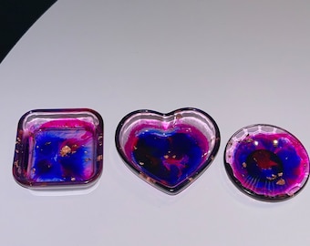 Handmade resin lot of 3 ring dishes set tye dye pink and blue with copper flakes trinket jewelry plate heart, square and round dish healing