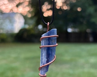 Handmade Natural Blue Kyanite Copper  Wire Wrapped necklace  Pendant healing jewelry necklace Reiki charged jewelry angel star seeds