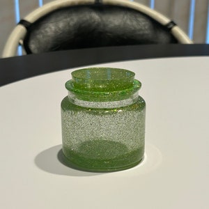 Handmade resin jar, green sparkles, translucent, great for small items or jewelry beautiful