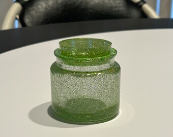 Handmade resin jar, green sparkles, translucent, great for small items or jewelry beautiful