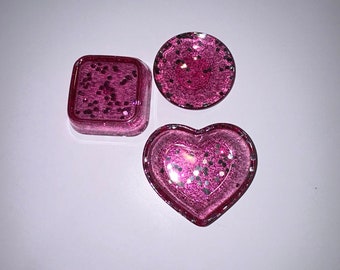 Handmade resin lot of 3 ring dishes set pink with sparkles trinket jewelry plate heart, square and round dish unique