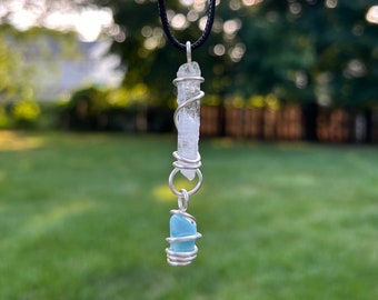 Handmade Lemurian Quartz Natural Larimar Copper Pectolite Crystal Necklace silver Tone Wire dangle reiki charged necklace Healing love