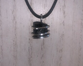 Handmade natural black tourmaline crystal gemstone silver tone wire Wrapped Pendant Necklace healing reiki charged jewelry protection
