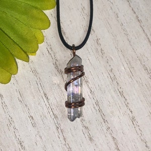 Handmade Wire Wrapped Rainbow Angel Aura Quartz Crystal Pendant on rope necklace antique copper