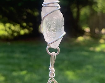 Handmade clear quartz, and dangle malachite necklace Reiki Charged silver tone wire wrapped jewelry