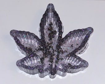 Weed Marijuana Resin Ashtray Handmade Pot shape Cannabis lovers unique Leaf tray storage. With purple sparkles and lavender! Home decor