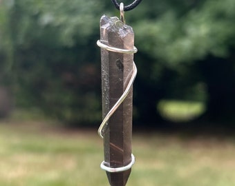 Handmade Tibet Himalayan black Smokey Lemurian Quartz point crystal silver tone wire wrapped reiki healing jewelry LARGE BEAUTIFUL