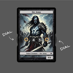 Puede incluir: Una carta en blanco y negro con un guerrero Orc azul oscuro en el centro. La carta dice "Orc Army" y "Token Creature - Orc Army". La carta tiene un dial con los números 4, 3 y 0/0.