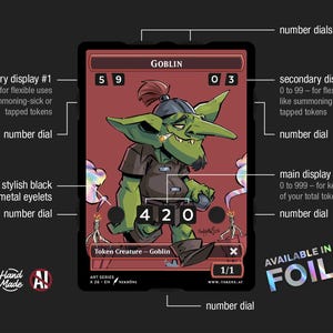 May include: A Goblin token card with a green goblin illustration. The card features number dials, a main display, and secondary displays for tracking game stats. The card is available in foil.