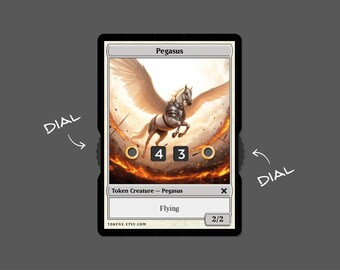 Op de afbeelding: Een fantasiekaart met een Pegasus met grote vleugels, borstpantser en een vloeiende manen. De kaart heeft een witte rand met de naam "Pegasus" bovenaan en "Flying" onderaan. De kaart heeft een 4 en een 3 draaiknop. De website tokenx.etsy.com is zichtbaar.