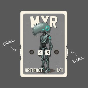 Könnte beinhalten: Fantasiekarte mit einem Robotercharakter mit vogelähnlichem Kopf. Die Karte zeigt oben "MYR", unten "ARTIFACT" und unten rechts "1/1". Die Karte hat ein Zifferblatt mit den Zahlen 4 und 3.
