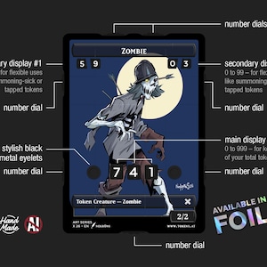 May include: A stylized illustration of a zombie character on a card. The card features number dials, a main display, and secondary displays. The text "ZOMBIE" is at the top, and "Token Creature - Zombie" is at the bottom. Available in foil.