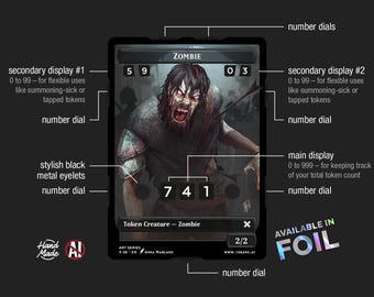 Contador de Fichas Ultra Zumbi da Série Arte com 7 displays numéricos integrados para contagem de fichas e fichas enjoada/virada ou invocada, Arte: Anna Marcano