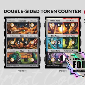 Könnte beinhalten: Eine doppelseitige Token-Zählerkarte mit Spielmechaniken für Schatz, Nahrung und Hinweis auf der Vorderseite sowie Manatypen wie Weiß, Rot, Blau, Grün, Schwarz und Farblos auf der Rückseite. Die Karte enthält kreisförmige Ausstanzungen für Zahlen.