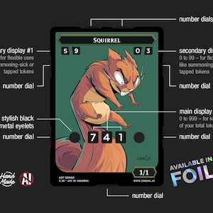 May include: A rectangular game token card featuring a central illustration of a brown squirrel on a green background. The card includes multiple number dials, black metal eyelets, and digital displays labeled as secondary and main displays.