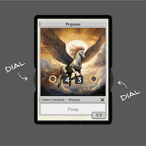 May include: A white winged horse with a golden mane and tail flies in a cloudy sky. The card is titled "Pegasus" and is a token creature with the text "Flying" and "1/1".
